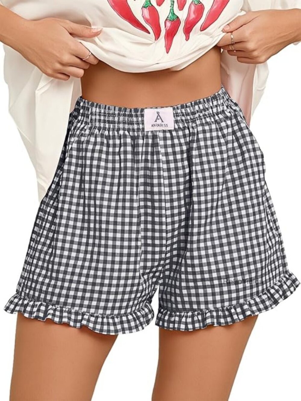 Women's Gingham Plaid Ruffle Boxer Shorts - Loose Fit Sleep Lounge S-XL